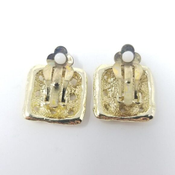 Vintage Textured Square Clip On Earrings, Gold Tone Woven Design, Retro Estate - Picture 3 of 6